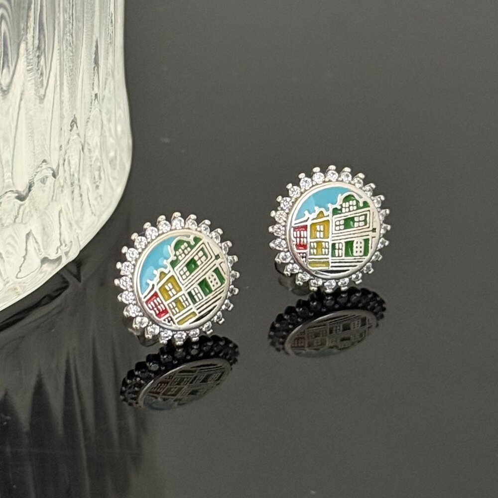 Rainbow Row Charleston Bling Earrings S925 Sterling Silver Handmade Ear Stud